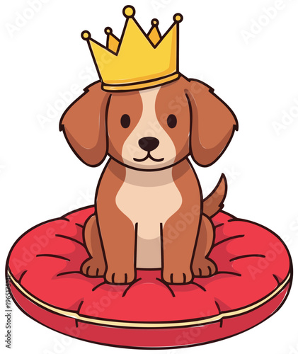 Cute cartoon puppy wearing golden crown sitting on red velvet cushion.