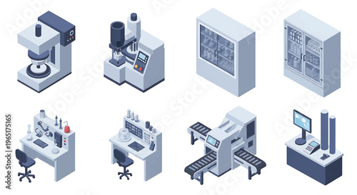 Isometric 3D pharmaceutical factory set with tablet press machine, capsule filling unit and sterile packaging line, healthcare production industry concept