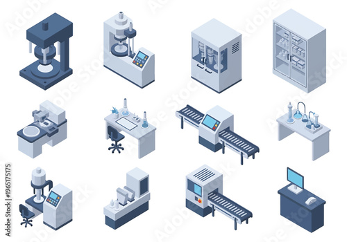 Isometric 3D pharmaceutical factory set with tablet press machine, capsule filling unit and sterile packaging line, healthcare production industry concept