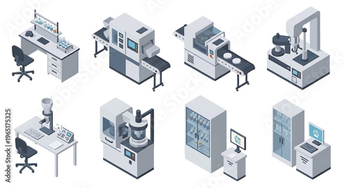Isometric 3D pharmaceutical factory set with tablet press machine, capsule filling unit and sterile packaging line, healthcare production industry concept