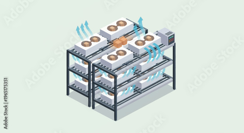Industrial baking process with conveyor belt oven.