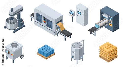 Isometric 3D food processing factory set with industrial mixer, conveyor oven and packaging machine, modern food manufacturing production concept