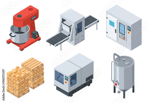 Isometric 3D food processing factory set with industrial mixer, conveyor oven and packaging machine, modern food manufacturing production concept