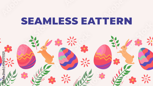 Vibrant easter seamless pattern with hopping rabbits colorful eggs flowers and leaves on white background