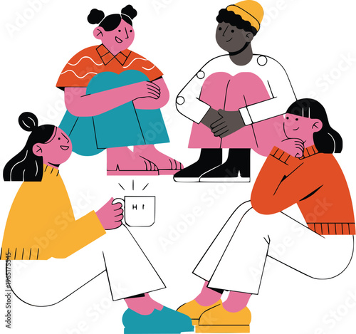 doodle illustration  flat vector of people illustration on Friends Sitting Together Talking, Mental Wellness Concept