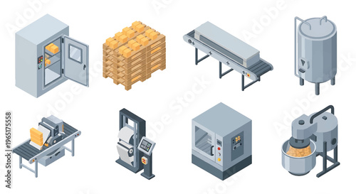 Isometric 3D food processing factory set with industrial mixer, conveyor oven and packaging machine, modern food manufacturing production concept
