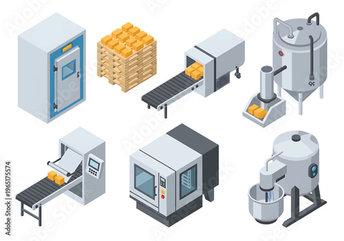Isometric 3D food processing factory set with industrial mixer, conveyor oven and packaging machine, modern food manufacturing production concept