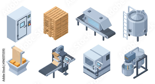 Isometric 3D food processing factory set with industrial mixer, conveyor oven and packaging machine, modern food manufacturing production concept