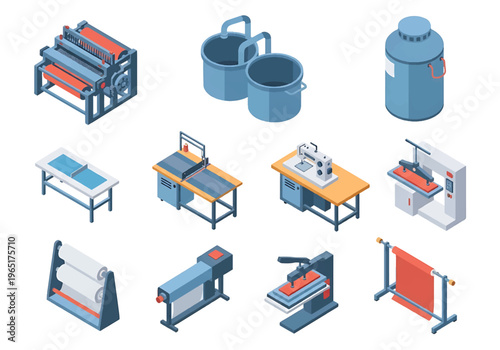 Isometric 3D textile factory set with weaving machine, dyeing tank and sewing station, garment manufacturing and fashion industry production concept