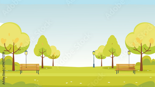 Serene spring botanical garden landscape with benches trees and green grass under a clear blue sky ideal for relaxation and nature walks in a peaceful environment