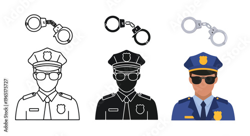 Police officer icon set with handcuffs - logo icons vector set. Blue, Black and white icons