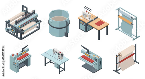 Isometric 3D textile factory set with weaving machine, dyeing tank and sewing station, garment manufacturing and fashion industry production concept