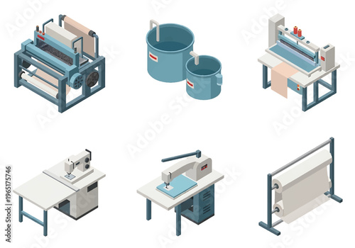 Isometric 3D textile factory set with weaving machine, dyeing tank and sewing station, garment manufacturing and fashion industry production concept