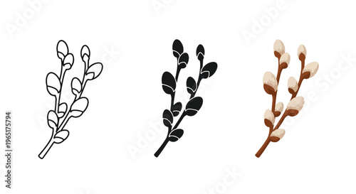 Pussy willow branch icon set variety - Solid vector icons  - Clipart, sticker - icon set