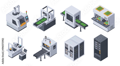 Isometric 3D electronics manufacturing set with robotic soldering machine and circuit board production line, high tech factory automation concept