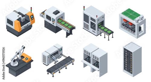 Isometric 3D electronics manufacturing set with robotic soldering machine and circuit board production line, high tech factory automation concept