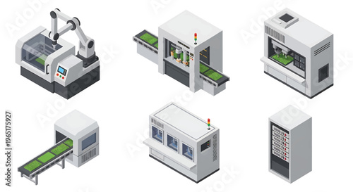 Isometric 3D electronics manufacturing set with robotic soldering machine and circuit board production line, high tech factory automation concept