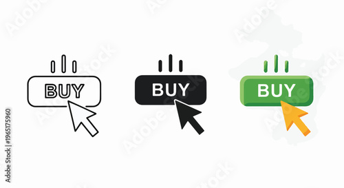 Buy button icon set with mouse cursor - Solid vector icons  - Clipart, sticker - icon set