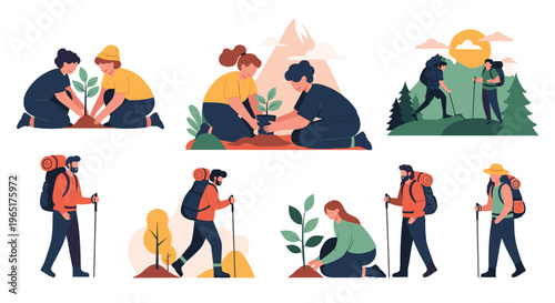 Outdoor activities collection featuring people planting trees and hiking through scenic mountain and forest landscapes.