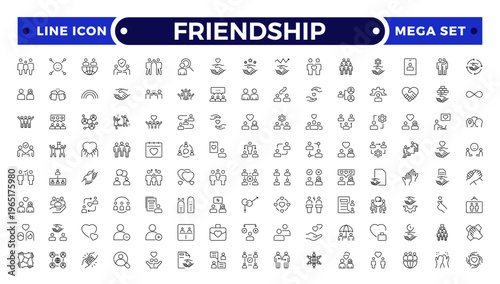 Friendship outline icon set. Containing friends, group of friend, socialize, friendly, cheers, trust, support and best friends icons.