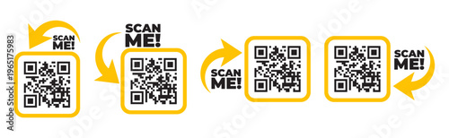Scan me icon set with QR code and arrow. Qrcode template collection for mobile app