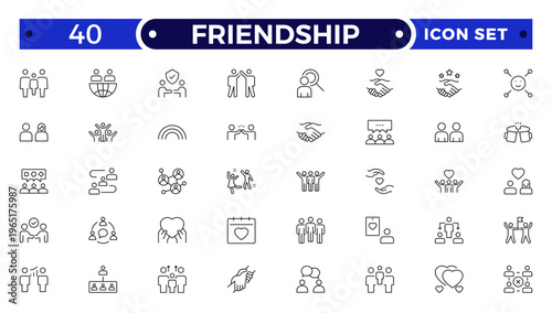 Friendship outline icon set. Containing friends, group of friend, socialize, friendly, cheers, trust, support and best friends icons.