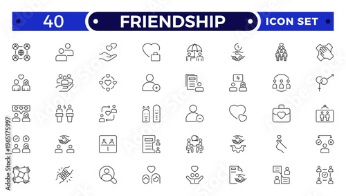 Friendship outline icon set. Containing friends, group of friend, socialize, friendly, cheers, trust, support and best friends icons.
