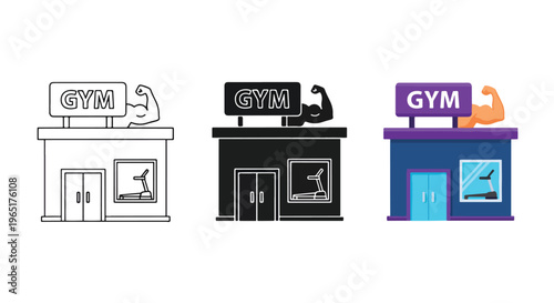 Gym fitness center building icon set - Solid vector icons  - Clipart, sticker - icon set