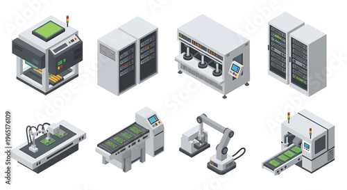 Isometric 3D electronics manufacturing set with robotic soldering machine and circuit board production line, high tech factory automation concept