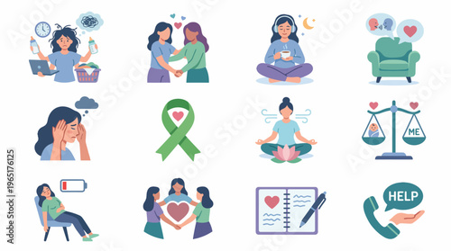 A collection of illustrated icons representing mental health and well-being concepts including therapy, self-care, and support systems