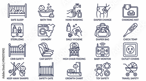 A comprehensive set of outline icons illustrating essential baby care, safety measures, and daily routines for newborns and infants, perfect for parenting guides and resources