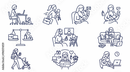 Collection of Line Art Icons Illustrating the Multifaceted Daily Life of Modern Mothers Juggling Professional Work, Family Responsibilities, and Parenthood with Infants