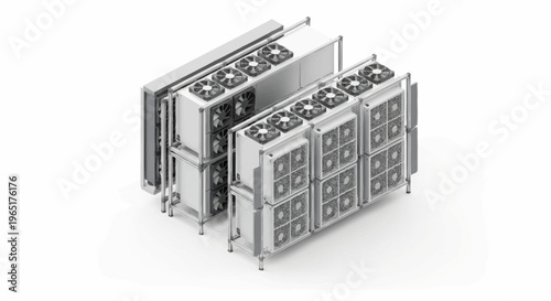 3D rendering of industrial battery storage units.