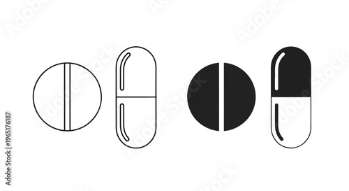 Pharmaceutical pills and capsules set - Line and glyph solid icon and logo template - Clipart, sticker - icon set