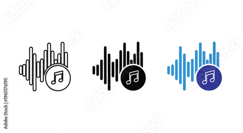 Music sound wave frequency audio icons - Minimalist, flat icon, outline, glyph, linear, clipart, sticker - icon set