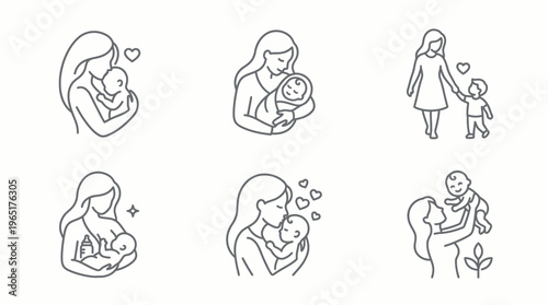 Captivating line art icon set illustrating the tender journey of motherhood, showcasing diverse loving moments between mothers and children, encompassing care, bonding, and family life