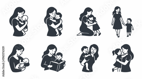 Stylized vector illustrations capturing the beautiful essence of motherhood, featuring a mother's devoted love and tender interactions with her children in various cherished moments of family life