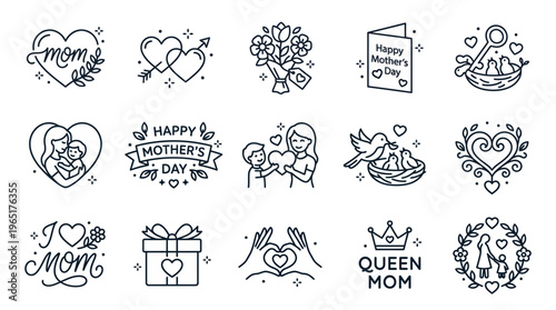 A beautiful collection of outline illustrations for Mother's Day, capturing the essence of a mother's love, family connections, and cherished moments in elegant line art