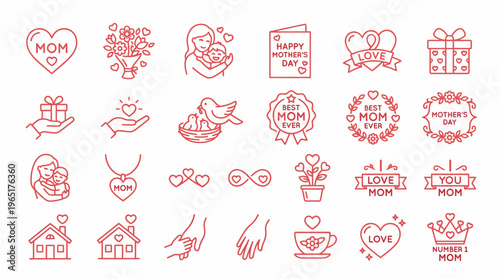 Collection of Mother's Day icons in red outline, symbolizing love and family, perfect for greeting cards and gifts