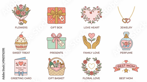 Collection of Gift Icons Flowers, Gift Box, Love Heart, Jewelry, Sweet Treat, Presents, Family Love, Perfume, Greeting Card, Gift Basket, Floral Love, and Best Mom