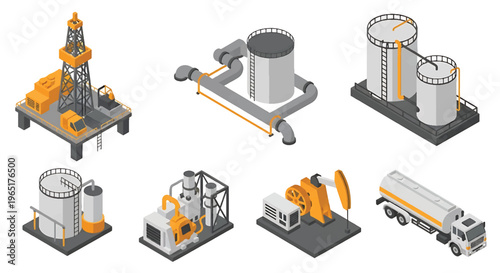 Isometric 3D view vector illustration of oil refinery complex with storage tanks, pipelines and chimneys in organized industrial zone, energy and petrochemical industry concept
