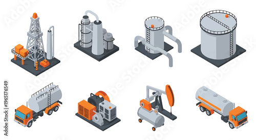 Isometric 3D view vector illustration of oil refinery complex with storage tanks, pipelines and chimneys in organized industrial zone, energy and petrochemical industry concept