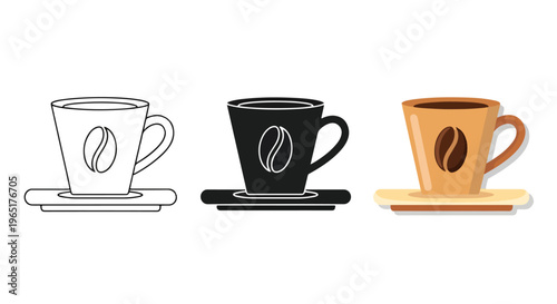 Coffee cup on saucer icon set collection - Line and glyph solid icon and logo template - Clipart, sticker - icon set