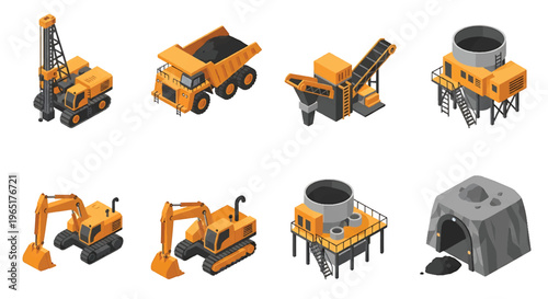 Isometric 3D view vector illustration of mining industry site with excavation machines, dump trucks and mineral processing facility in structured heavy industrial landscape