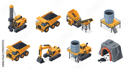 Isometric 3D view vector illustration of mining industry site with excavation machines, dump trucks and mineral processing facility in structured heavy industrial landscape