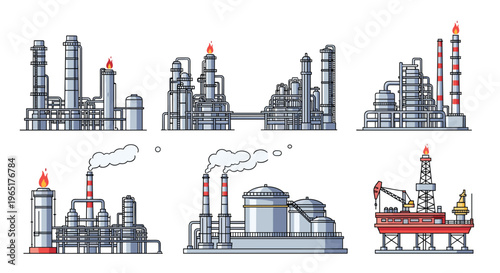 Set of industrial factory and oil refinery illustrations showing storage tanks, pipelines, and offshore drilling platforms.
