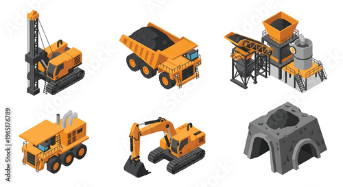 Isometric 3D view vector illustration of mining industry site with excavation machines, dump trucks and mineral processing facility in structured heavy industrial landscape