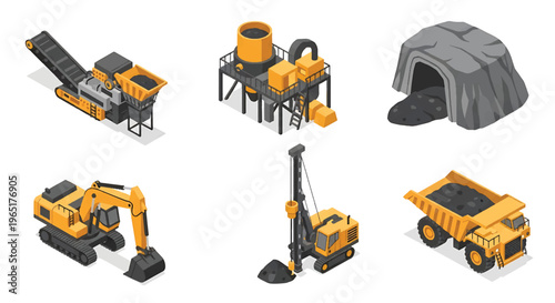 Isometric 3D view vector illustration of mining industry site with excavation machines, dump trucks and mineral processing facility in structured heavy industrial landscape