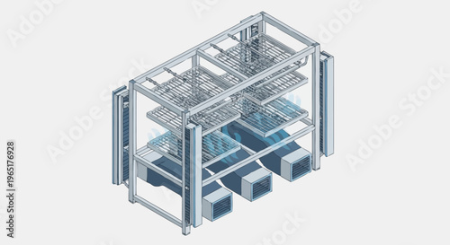 3D rendering of metal shelving unit.