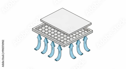A microchip with blue heat flow lines underneath.